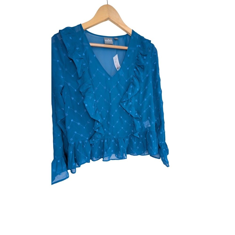 New York & Company Soho Jeans Teal Blue Embroidered Ruffle V-Neck Blouse Small